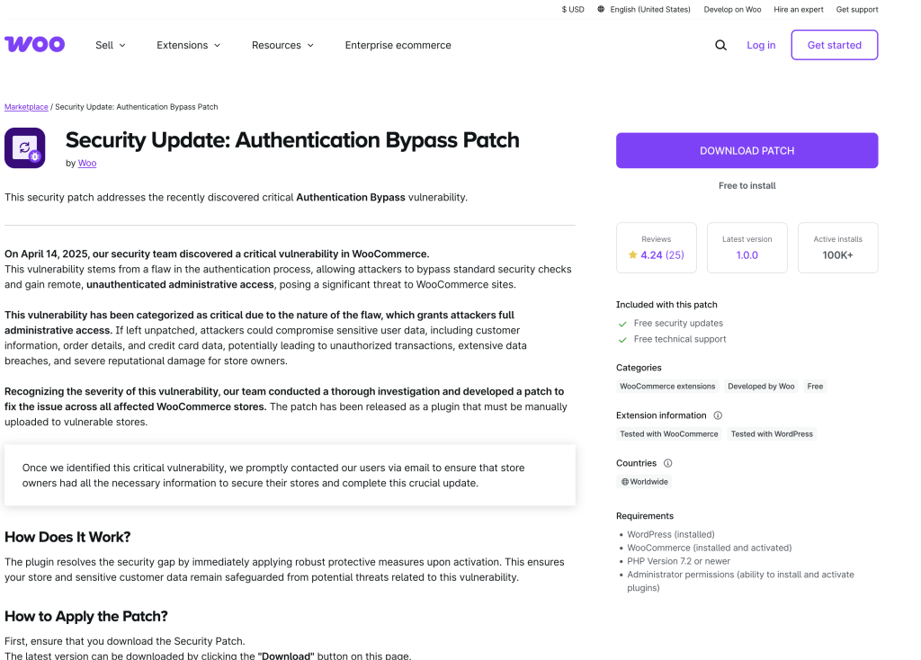 A screenshot of the phishing campaign's website. The website is identical in appearance to the official WooCommerce Marketplace, and the attackers have made a fake Marketplace item for their malicious patch.